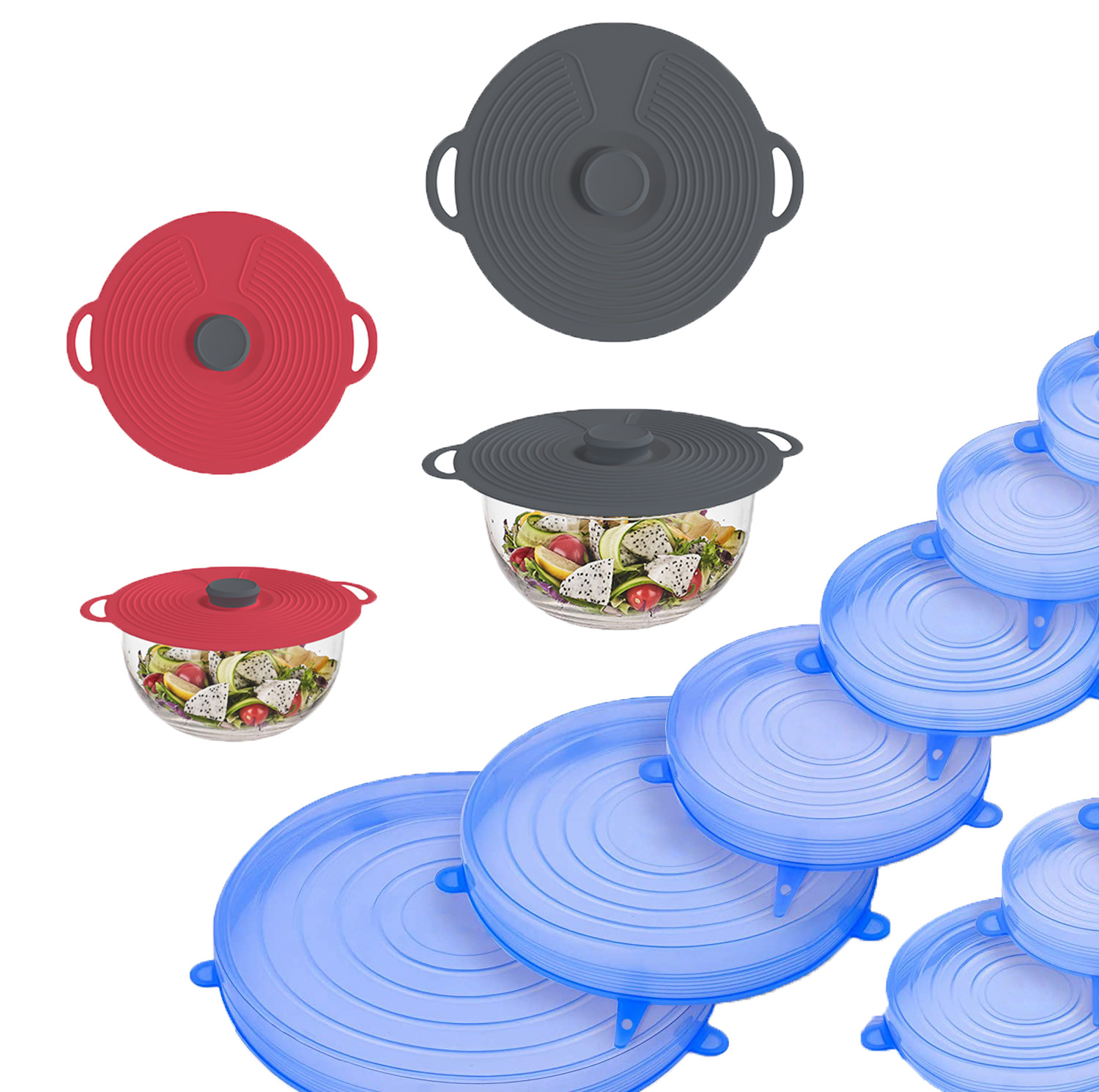 La tapa de silicona se puede colgar en una tapa de tazón cuadrada redonda estirada, envoltura de plástico de silicona, juego de 7 piezas, tapa de conservación de silicona