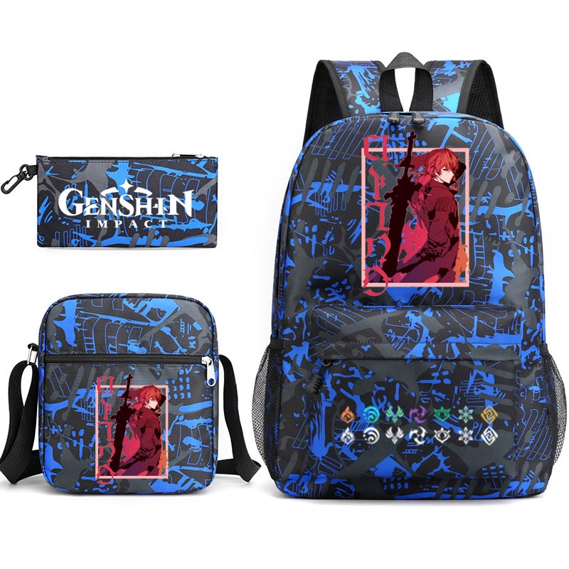 Backpack set (Genshin) 3‑piece — backpack, one‑shoulder bag, pencil case, assorted colors