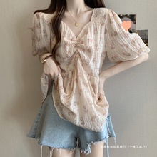 跨境法式V领碎花雪纺短袖衬衫女款夏季大码巨显瘦遮肚子小衫上衣