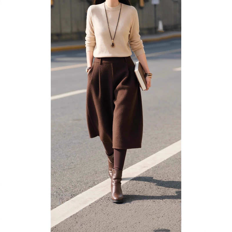 Brown Woolen Wide-Leg Cropped Pants for Women, 2026 Winter New Style, Petite Size, Thickened Boot Pants, High-Waisted Pants Brown Woolen Wide-Leg Cropped Pants for Women, 2026 Winter New Style, Petite Size, Thickened Boot Pants, High-Waisted Pants