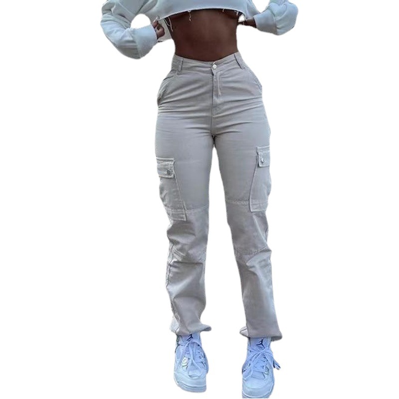 2023 nuevo estiramiento de cintura alta jeans europeos y americanos de las mujeres de levantamiento de cadera multi-bolsillo herramientas de moda pantalones a juego de las mujeres