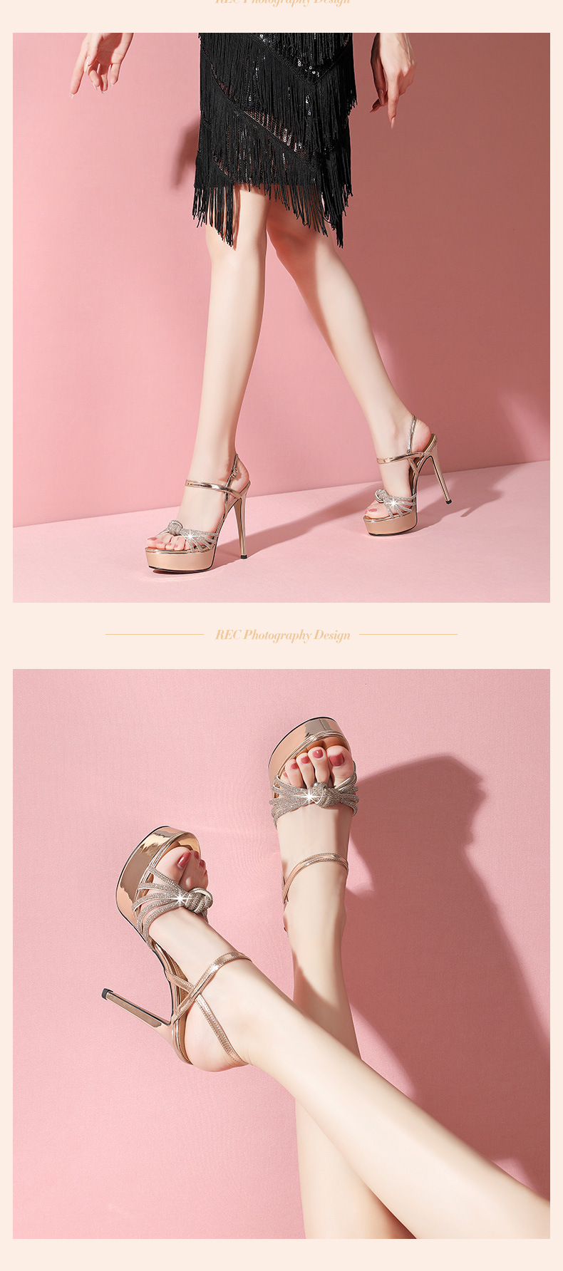 Sandal nữ cao gót 13 cm đính đá hở mũi quai mắt cá chân da thật — Bạc (13 cm) chi tiết 10