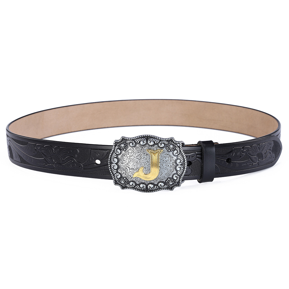 Cinturón de letra J de cuero de vaca, cinturón de estilo europeo y americano, cinturón de cintura retro con jeans, cinturón de hombre, tamaño grande