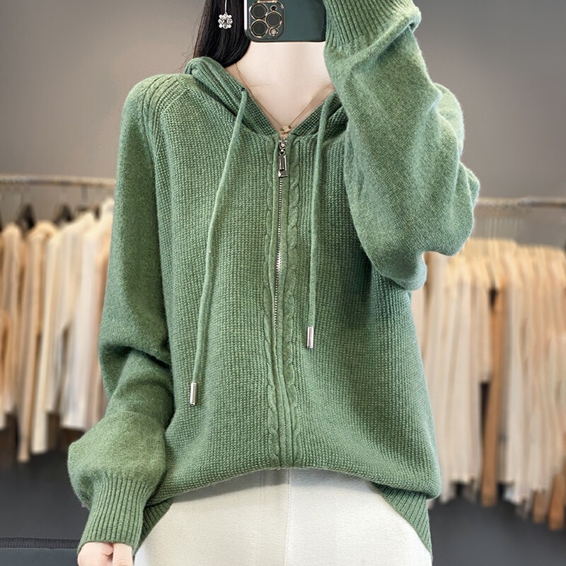 2024 New Casual Double Zipper Solid Color Loose Korean Style Long Sleeve Knitted Cardigan Women's Casual Outer Wear Top with Hood