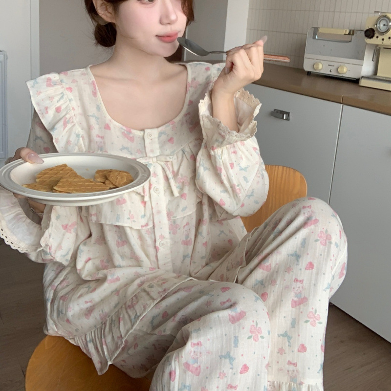 韩国ins女士春秋柔软清新纯欲蕾丝花边拼接长袖睡衣家居服套装女|undefined