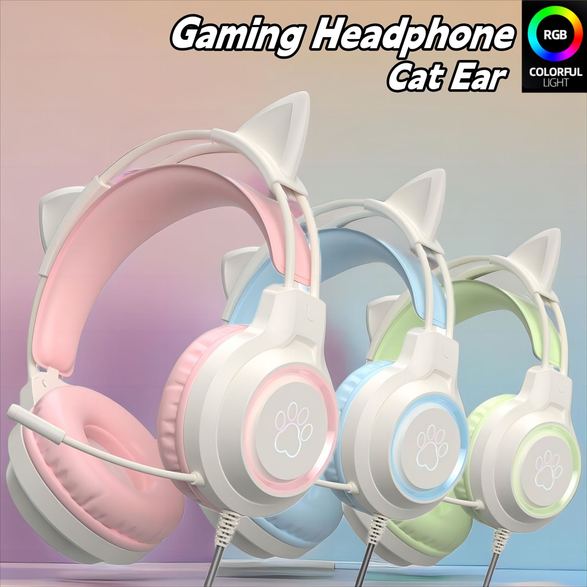 New Cross-Border Luminous Computer Headphones Cat Ear Live Wired Headset Gaming Earphones