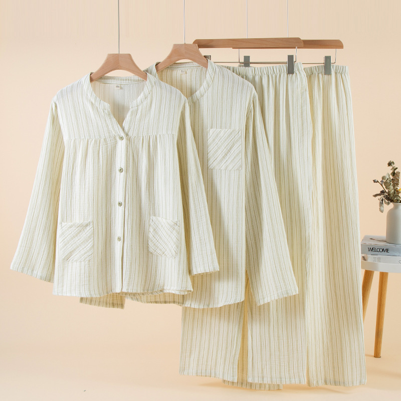 60-Count Pure Cotton Double-Layer Gauze Pleated Texture Couple Long-Sleeved Pajamas Home Clothes Elegant and Leisurely Suit 60-Count Pure Cotton Double-Layer Gauze Pleated Texture Couple Long-Sleeved Pajamas Home Clothes Elegant and Leisurely Suit