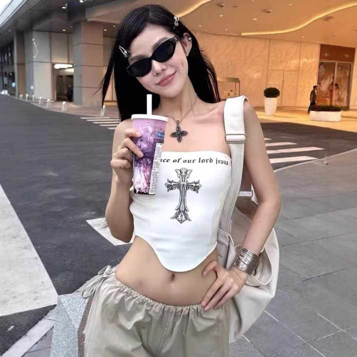 Cross-border Sexy Pure Ins Cross-neck Printed Short Sleeveless Top Spice Girls Strapless Top Women's T-shirt Trendy Cross-border Sexy Pure Ins Cross-neck Printed Short Sleeveless Top Spice Girls Strapless Top Women's T-shirt Trendy