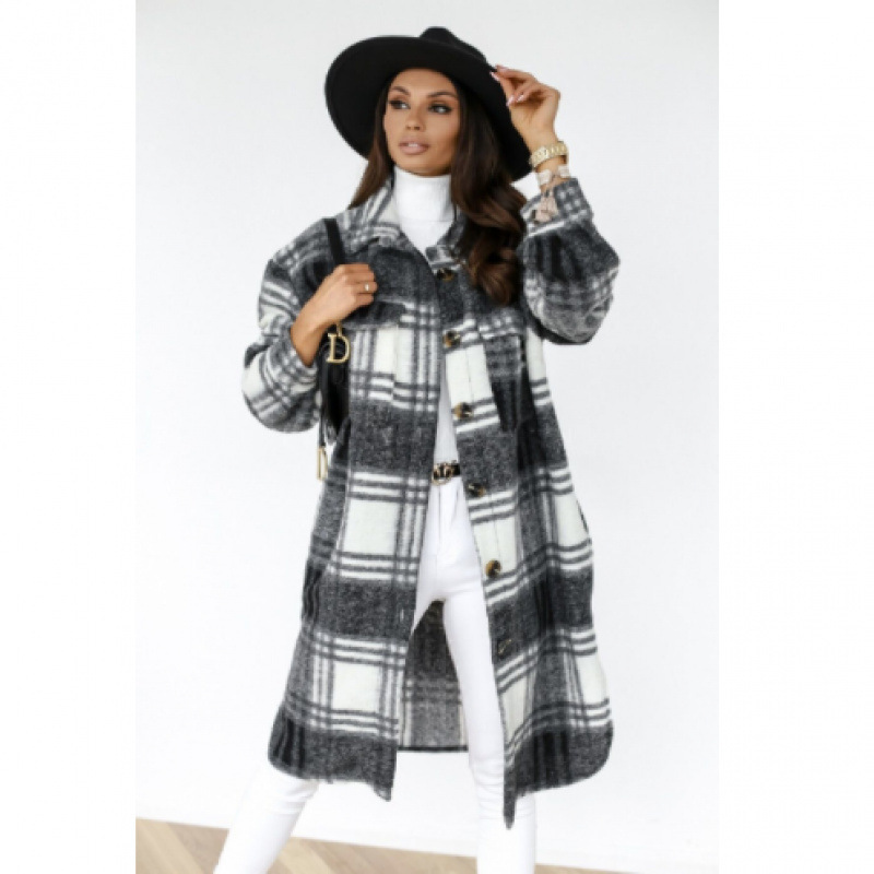 European and American Autumn and Winter New European and American Clothing Long-Sleeved Plaid Woolen Jacket Cross-Border Amazon Mid-Length Loose Top