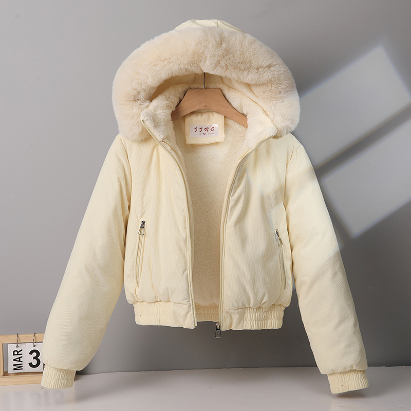 2025外国貿易の新型韓国版綿服の女性の短いタイプの小さい子は綿服の純色の大きい毛の襟の綿入れの上着のファッションを厚くします。|undefined