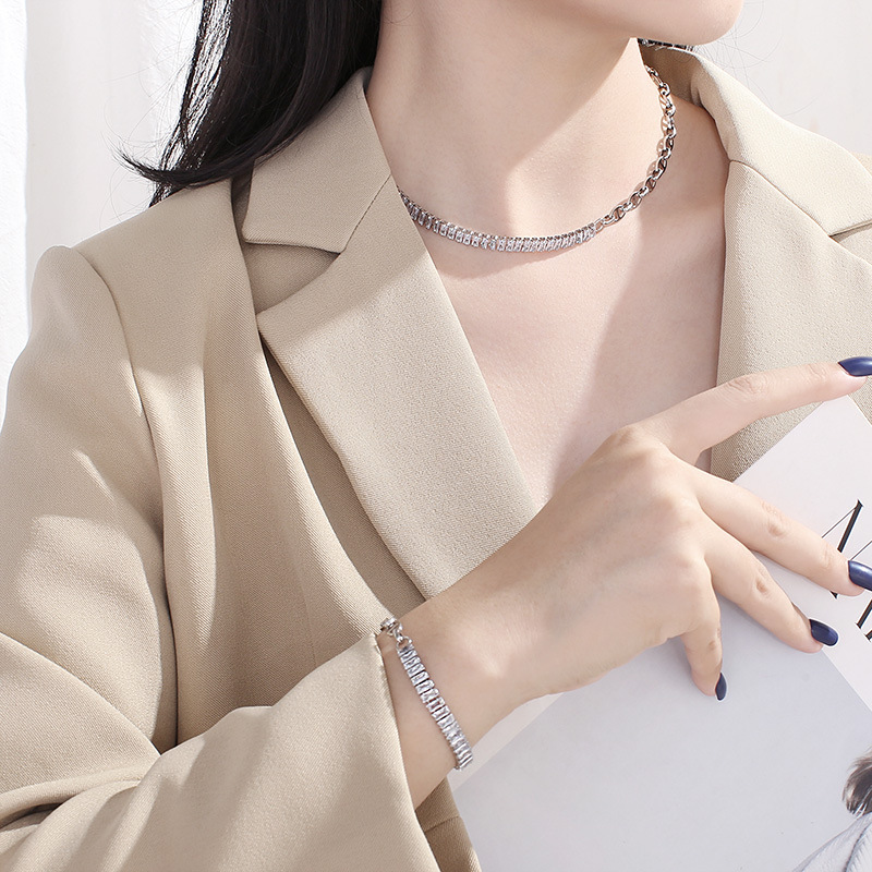 Fashion Square Titanium Steel Plating Inlay Zircon Bracelets Necklace