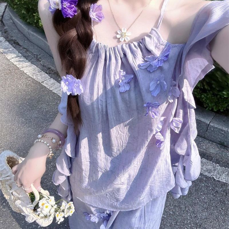 夏季穿搭一整套紫色挂脖花朵上衣超仙巨好看独特绝美半身裙两件套|undefined