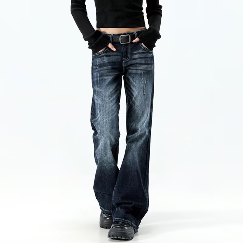 Trendy American retro sexy low-rise jeans for women, distressed wash, white wash, versatile flared long pants Trendy American retro sexy low-rise jeans for women, distressed wash, white wash, versatile flared long pants