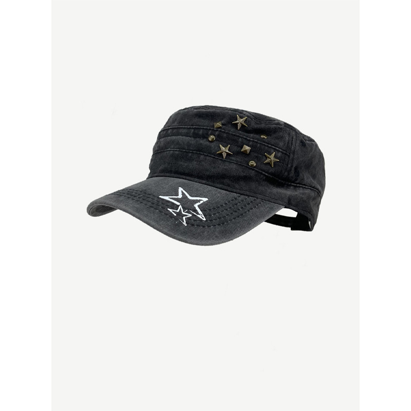 Retro Washed Old Star Rivet Peaked Cap for Women Spring and Summer Street Versatile Flat Top Curved Brim Military Cowboy Hat for Men