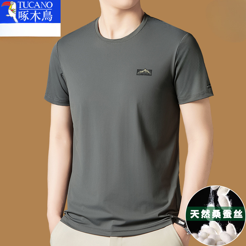 キツツキマルベリーシルク半袖 Tシャツメンズ 2025 新しい夏のラウンドネック Tシャツアイスシルク半袖メンズ Mengwei|undefined