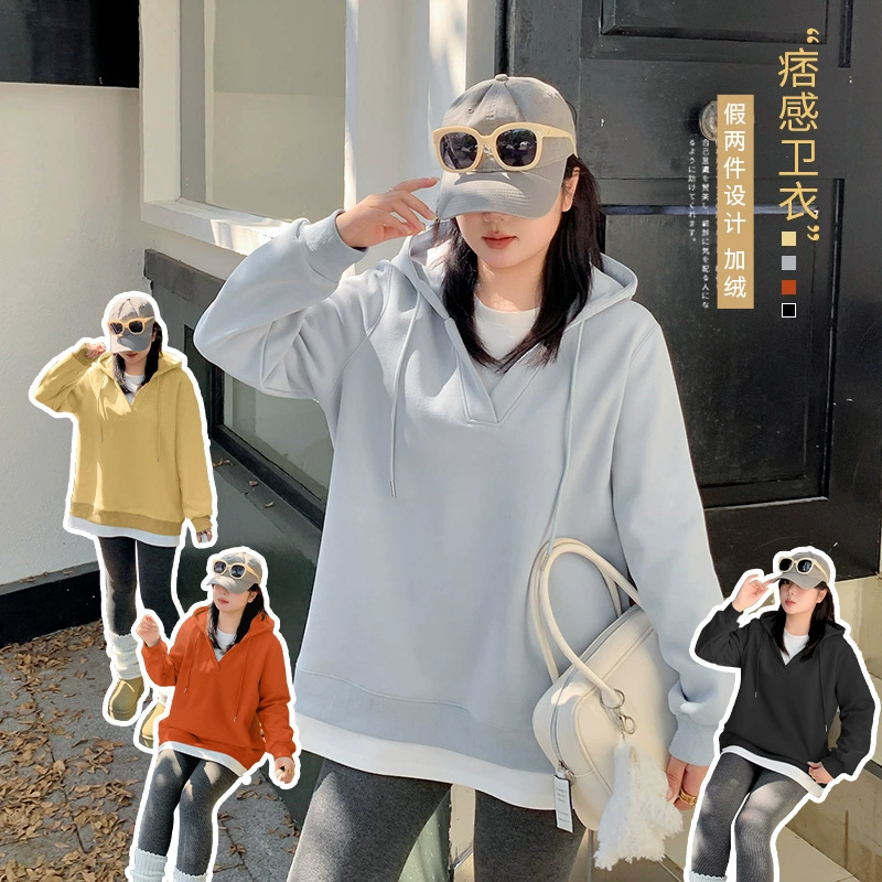 Женская толстовка больших размеров с капюшоном и флисовой подкладкой для тепла, новая зимняя модель, имитация двухслойного свободного топа 421895