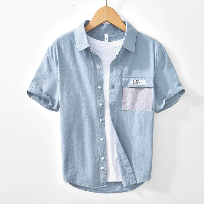 2096 свежий сплошной цвет повседневная свободная рубашка хлопчатобумажная дышащая карманная рубашка с короткими рукавами