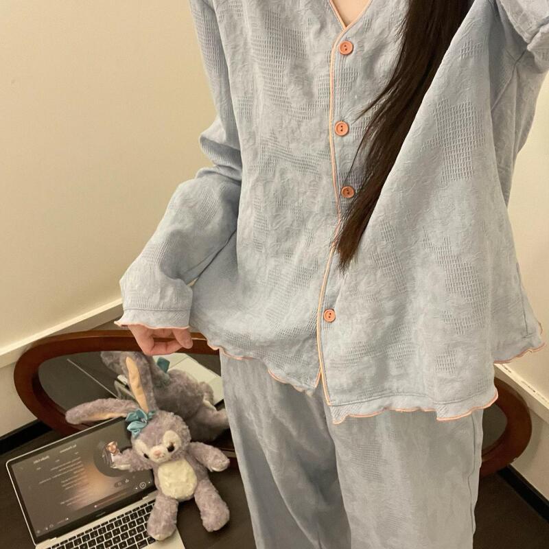 温柔风韩系简约褶皱装饰睡衣女士春秋季休闲大码家居服套装可外穿|undefined