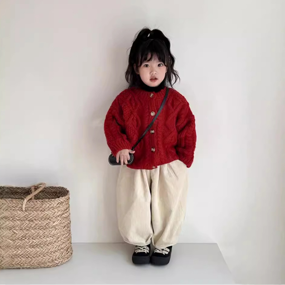 New Year's Outfit for Girls, Autumn/Winter, Red Festive Knitted Sweater for Kids, Stylish Stand Collar Cardigan for Boys