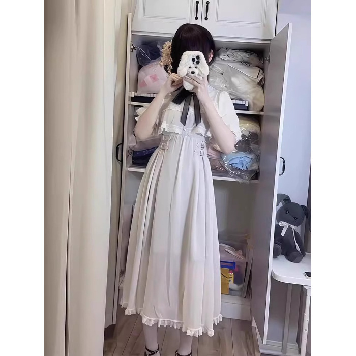 日系甜美蝴蝶结斗篷连衣裙女夏季2025新款千金感蕾丝拼接收腰长裙|undefined