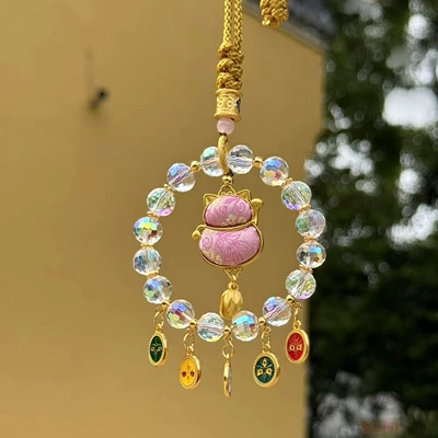 bag pendant, and Chinese style accessories, Car hanging - pink-fortune-cat