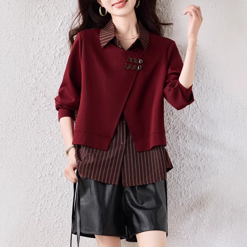 Real Shot of Fashionable Striped Patchwork Faux Two-Piece Long-Sleeve Shirt for Women, 2026 Autumn New Casual Slimming Top