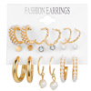 Stone inlay from pearl, earrings, retro golden set, European style, suitable for import, French retro style