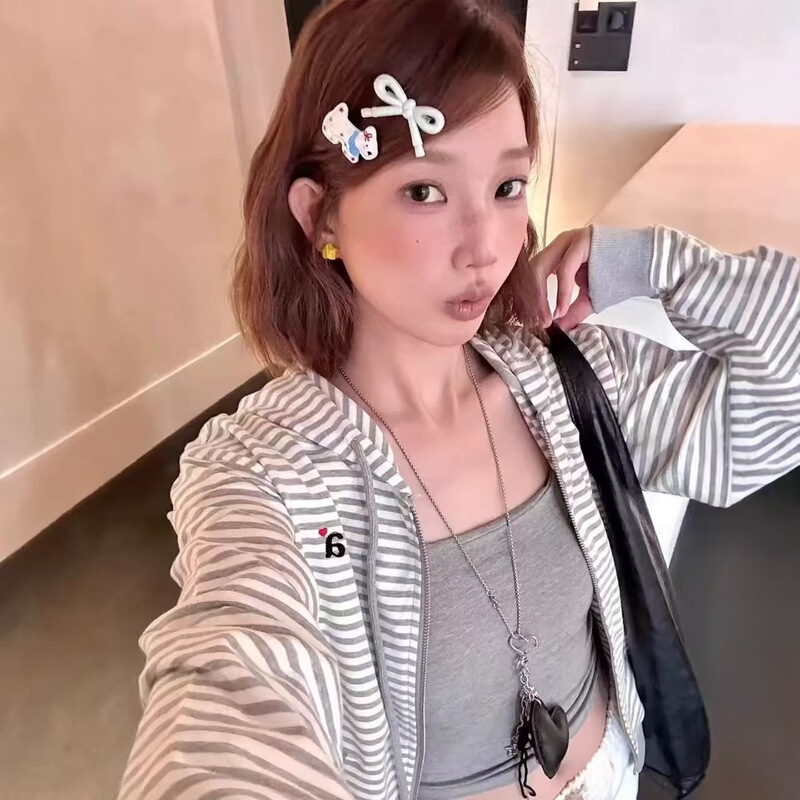 Korean aeae American-style striped casual retro loose-fitting hooded letter-embroidered sweatshirt cardigan jacket for women