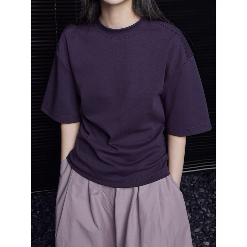 Moment Purple Round Neck Short-sleeved T-shirt Women's 2025 Summer New Hot American Style Retro Super Good-looking Half-sleeved T-shirt