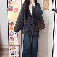 韩系灰色连帽毛衣外套开衫女春夏厚宽松慵懒风针织衫上衣