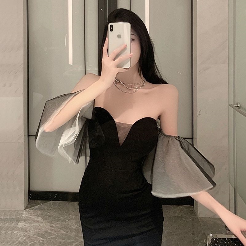 Hepburn Style Evening Dress Women's Elegant Niche French Style Sexy Black Stunning Strapless Dress