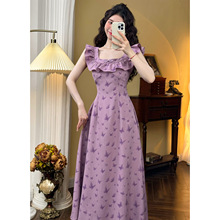 一字肩紫色蝴蝶连衣裙女夏法式气质裙子收甜美