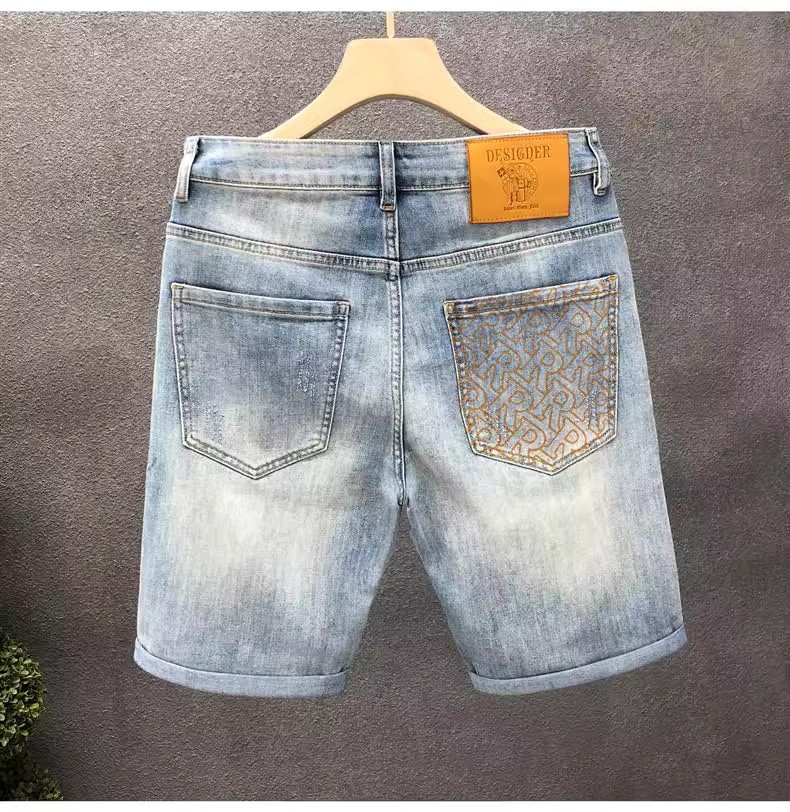 Light Blue Men's Distressed Denim Shorts High Waist Stylish Straight Leg Mid-Length Five Pocket Summer Trendy Clothing_mkmklike.com