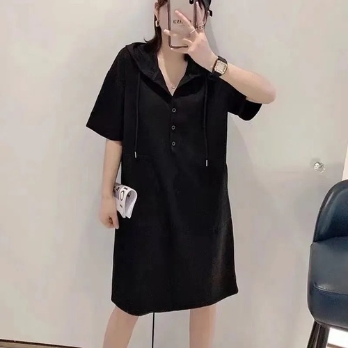 Summer New Solid Color A-line Hooded Casual Plus Size Dress European Style Short Sleeve T-shirt Dress Medium-long Length Skirt Trendy
