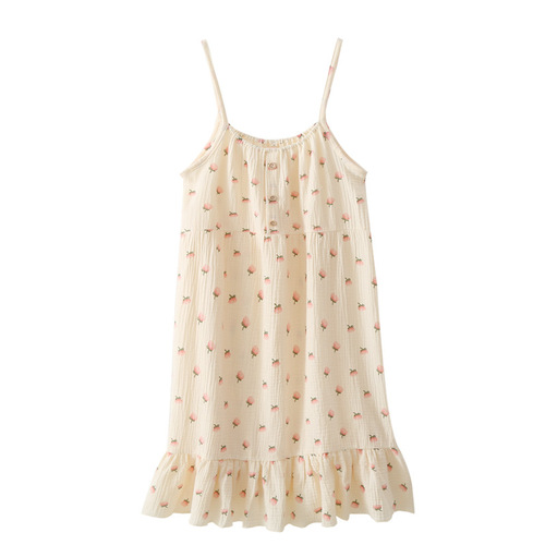 Suspender skirt, cotton crepe nightgown, summer lady's loose, fresh cotton gauze comfortable home skirt, long skirt adjustable