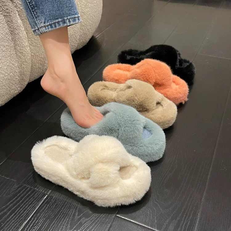 Меховые тапочки для женской верхней одежды. Новинка 2025, корейский стиль, модная обувь, осенне-зимние домашние хлопковые тапочки, производитель готовых стоков.