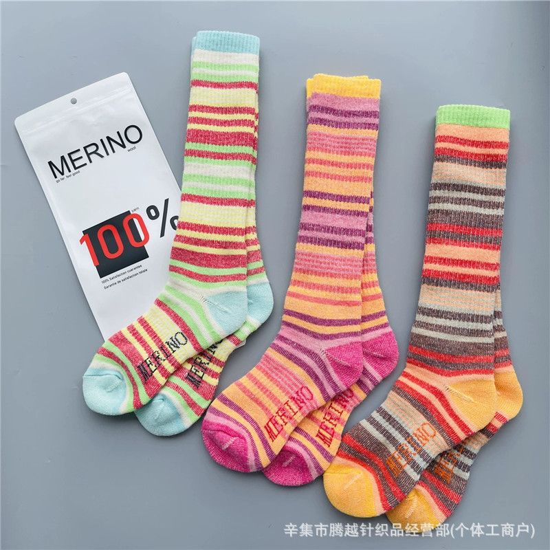 100% Merino Wool Merino Wool Socks Women's Knee Color Striped Outdoor Hiking Ski Socks Stockings