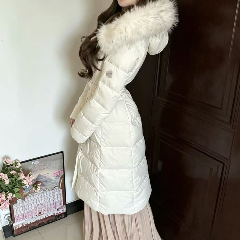 Moncler Women's Long down Coat with Fox Fur Hood, Original Label, White Goose Down, Thickened for Winter Warmth