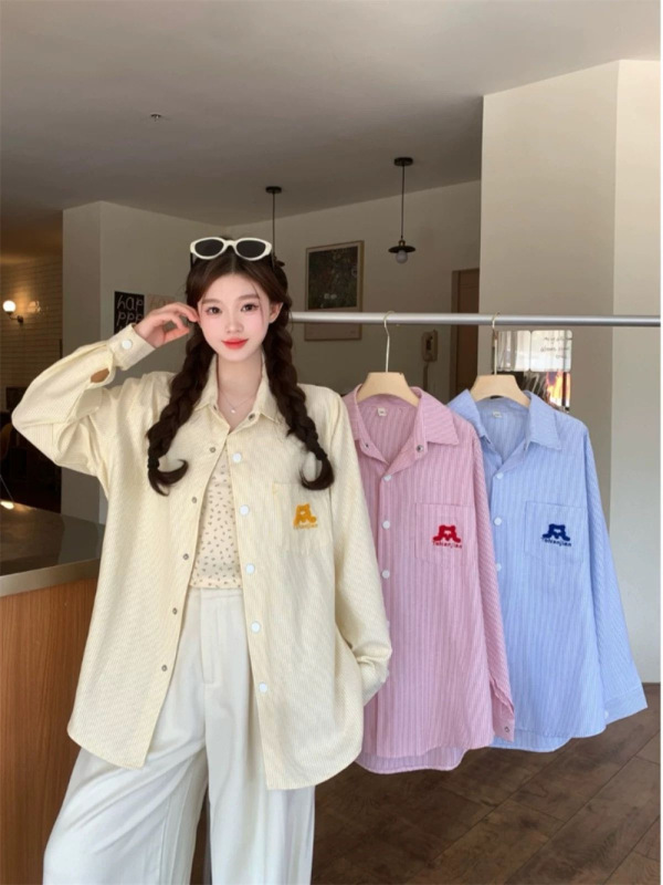 美式复古黄色条纹Polo领衬衫外套女春秋宽松休闲开衫慵懒衬衣上衣|undefined