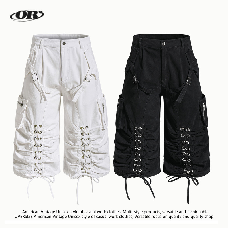 Oreeta American Y2K Style Tie-Up Cargo Shorts Unisex Trendy High Street Loose Wide-Leg Knee-Length Shorts