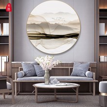 见山字画入户圆形装饰画新中式水墨画玄关挂画禅意画书房茶室壁画