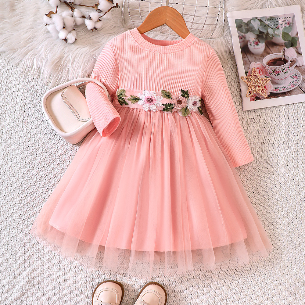 Vêtements pour enfants EW Nouveau produit pour filles Printemps et automne Robe en maille à manches longues en tricot fleuri Q1391-C_voghion.com