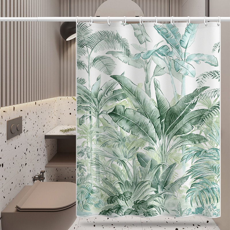 Rideau de douche en polyester imperméable et anti-moisissure, imprimé numérique transfrontalier à motif de feuilles de plantes tropicales hawaïennes, sans perçage._voghion.com