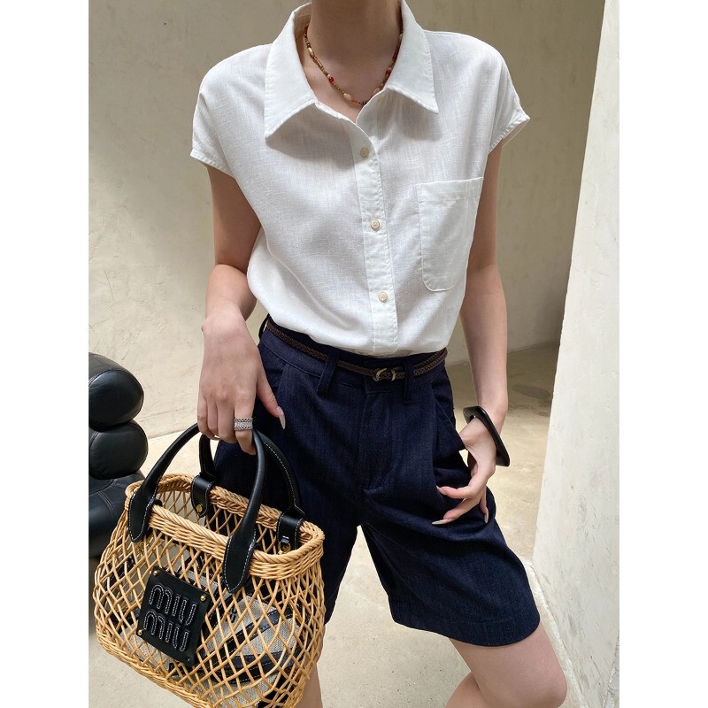 Sinan Minimalist Moment Tencel Linen Cotton Elegant Lapel Loose Slimming Casual Short Sleeve Shirt Sn8974