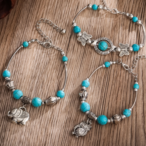 Dragon Ru European and American Retro Ethnic Silver-Plated Carved Elephant Pendant Bracelet Turquoise Bracelet Accessory