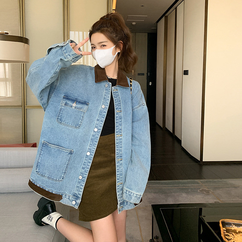 春款现货拼接工装牛仔外套女宽松大码休闲外套流行元素撞色上衣
