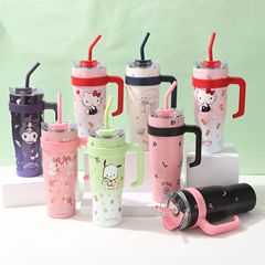 新型クロスボーダー大容量保温カップ高颜値漫画ストローカップハンドル付き304ステンレス保温カップ