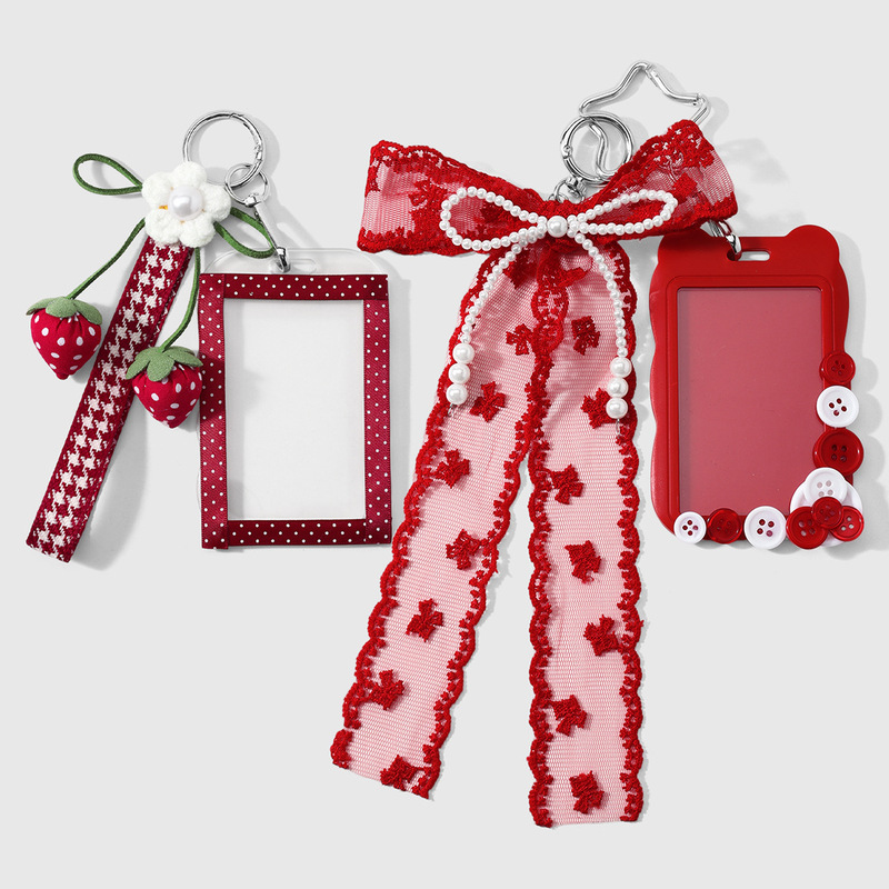 Sweet and stylish multi-color woven wrist strap with strawberry lace bow and polka dot card holder keychain bag accessory Sweet and stylish multi-color woven wrist strap with strawberry lace bow and polka dot card holder keychain bag accessory