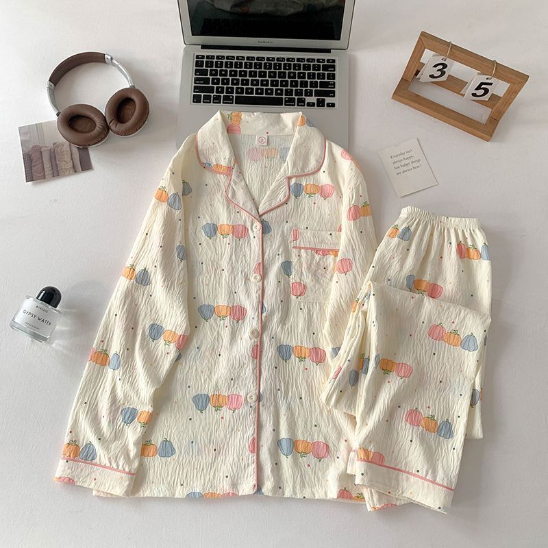 Al por mayor transfronterizo otoño nuevo pijama de manga larga nube de algodón de dibujos animados ropa doméstica de mujer se puede usar con un lindo conjunto de solapa