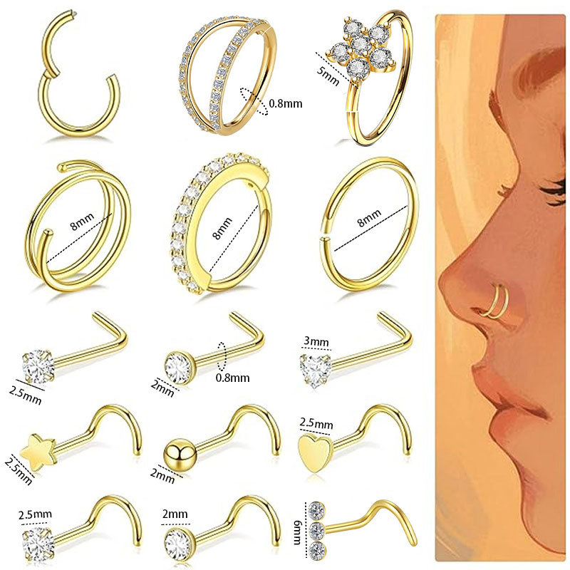 Nieuwe 15-delige set roestvrijstalen, grensoverschrijdende, populaire neuspiercings met open geometrische vormen en ingelegde zirkonia, inclusief koperen piercing._voghion.com